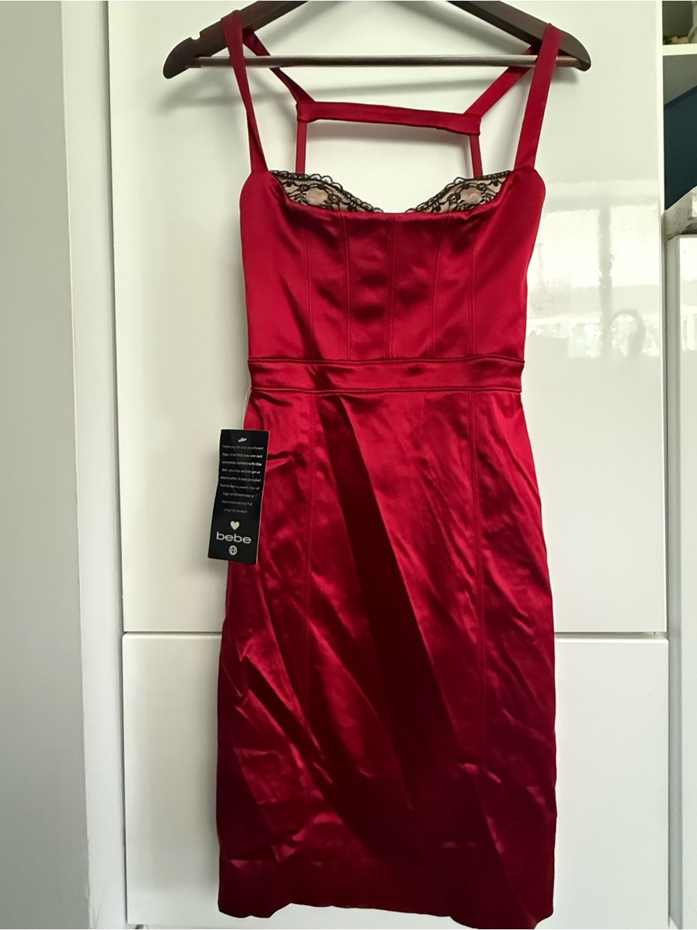 bebe Red Satin Lace-Trim Midi Dress with Strappy Neckline